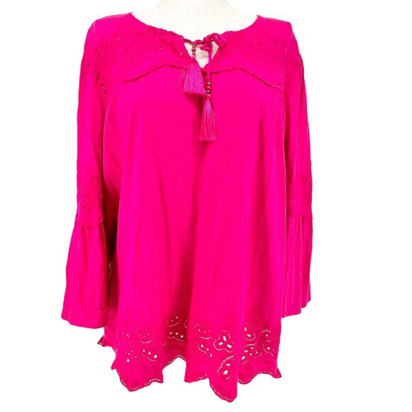 Lauren Ralph Lauren Boho Peasant Top Womens 2X Fuchsia Embroidered with Tassels - Picture 1 of 8